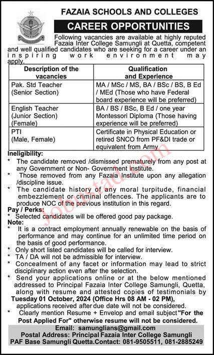 Fazaia college in school announces new jobs opportunities September 2024