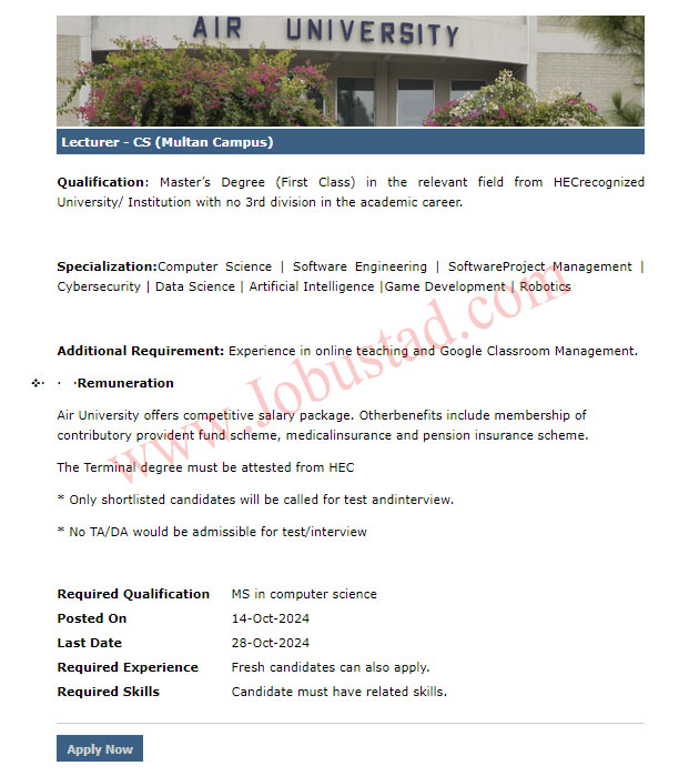 Computer Science Lecturer jobs opportunity at Air University  Multan Campus October 2024