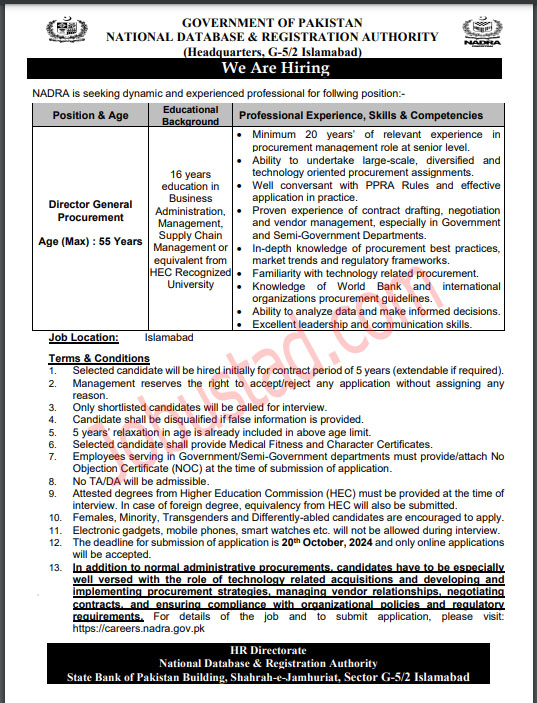 National Database and Registrsation Authority ( NADRA) Jobs as Director General Procurement october 2024