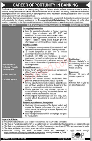 Bank of Punjab Jobs as Divisional Head-Technical Project October 2024