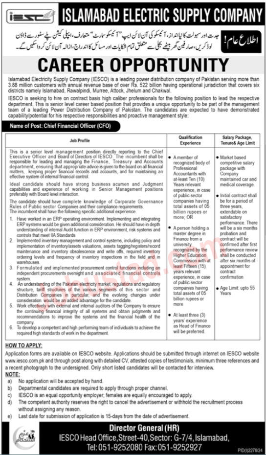 Islamabad electric supply company job as Chief Financial Officer oct 2024